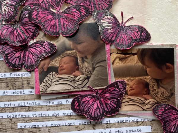 Layout con farfalle, usando embossing e macchina da scrivere